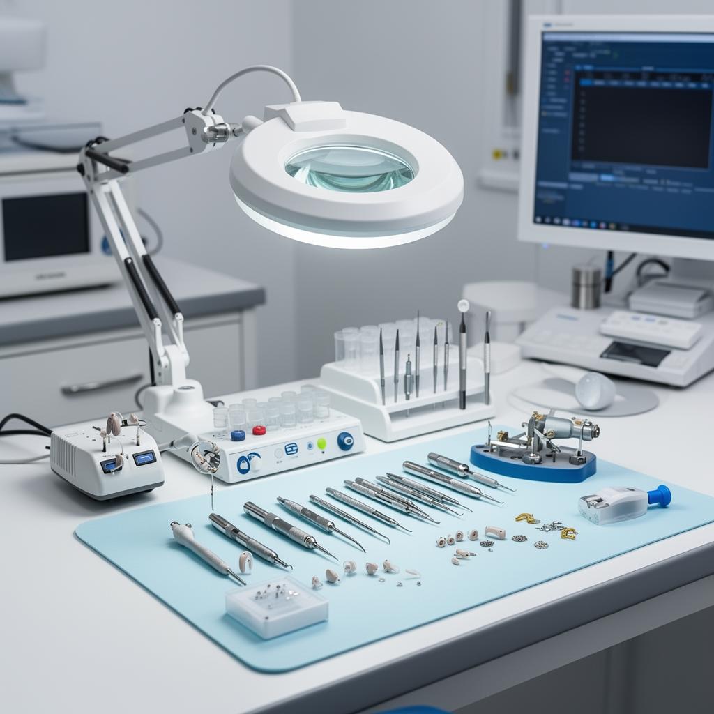 Professional hearing aid repair laboratory with precision tools and equipment